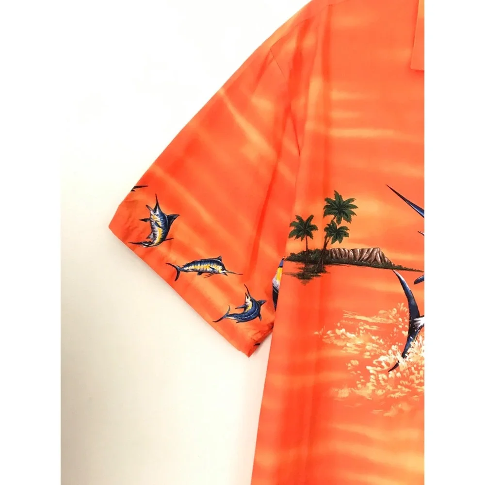 Vintage KY'S Hawaiian Button Up Shirt Mens 2XL Orange Marlin Fish Aloha Tiki USA